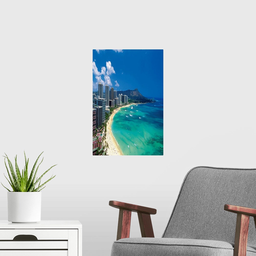 A modern room featuring Aerial view of Waikiki Beach, Honolulu, Oahu, Hawaii, USA