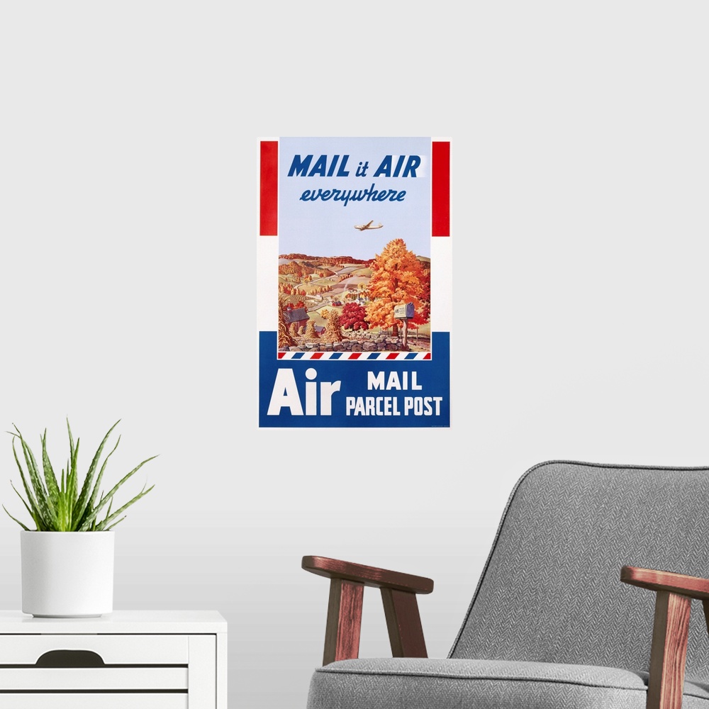 A modern room featuring Air Mail Parcel Post Poster By Melbourne Brindle