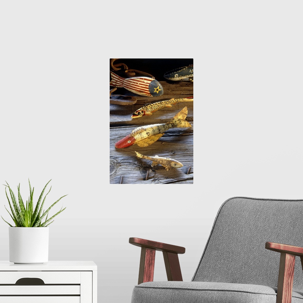 A modern room featuring Antique fishing lures
