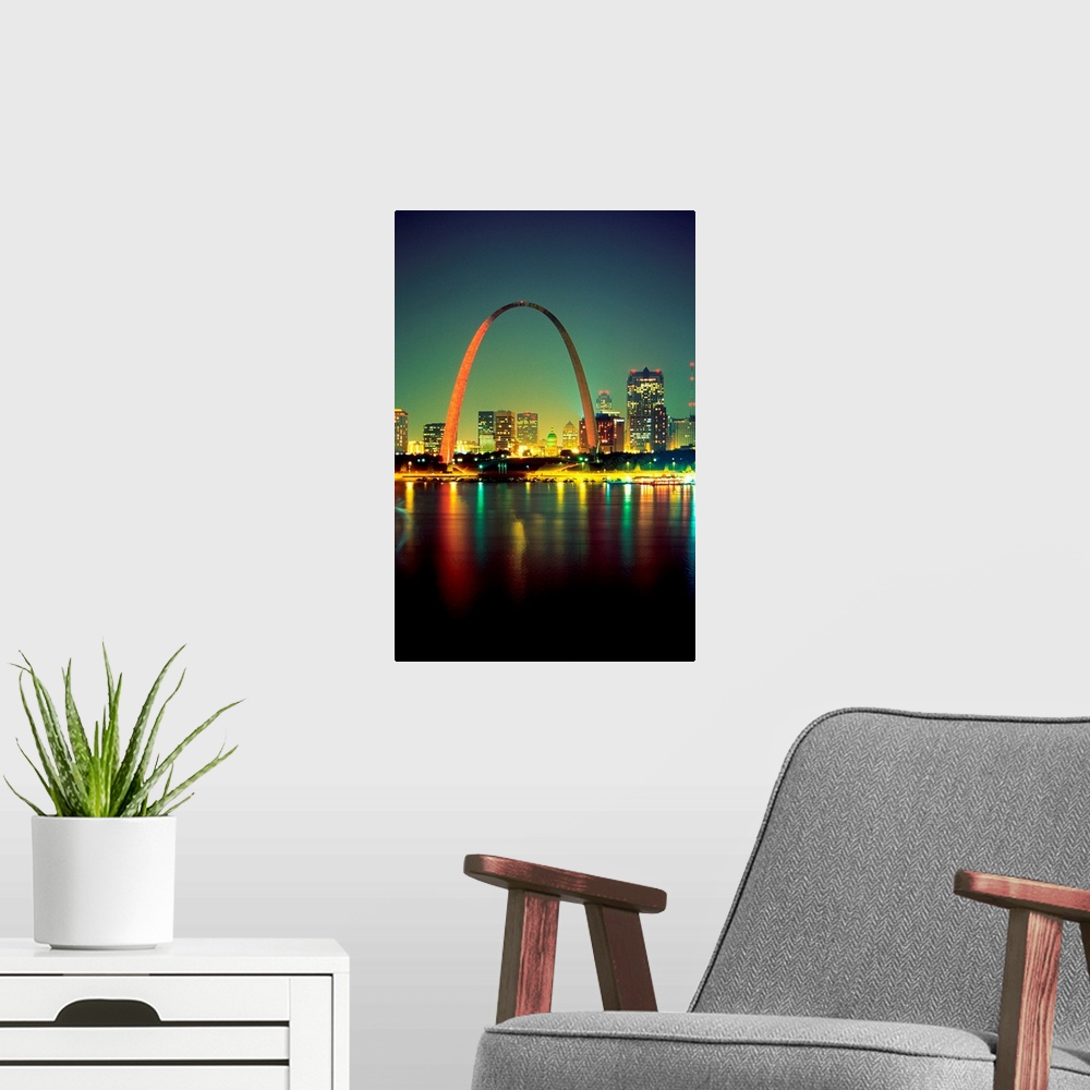 A modern room featuring Arch over the Mississippi River at night in St. Louis, USA