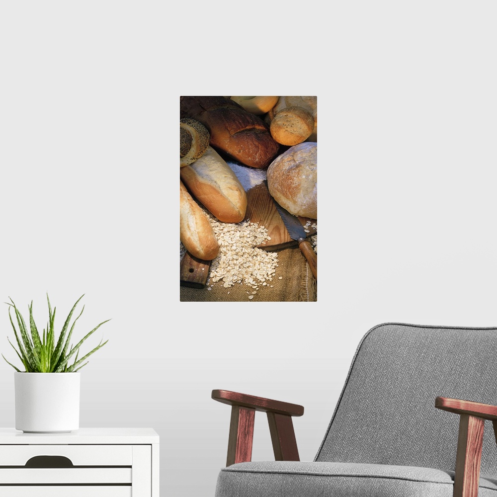 A modern room featuring Assortment of breads on cutting board