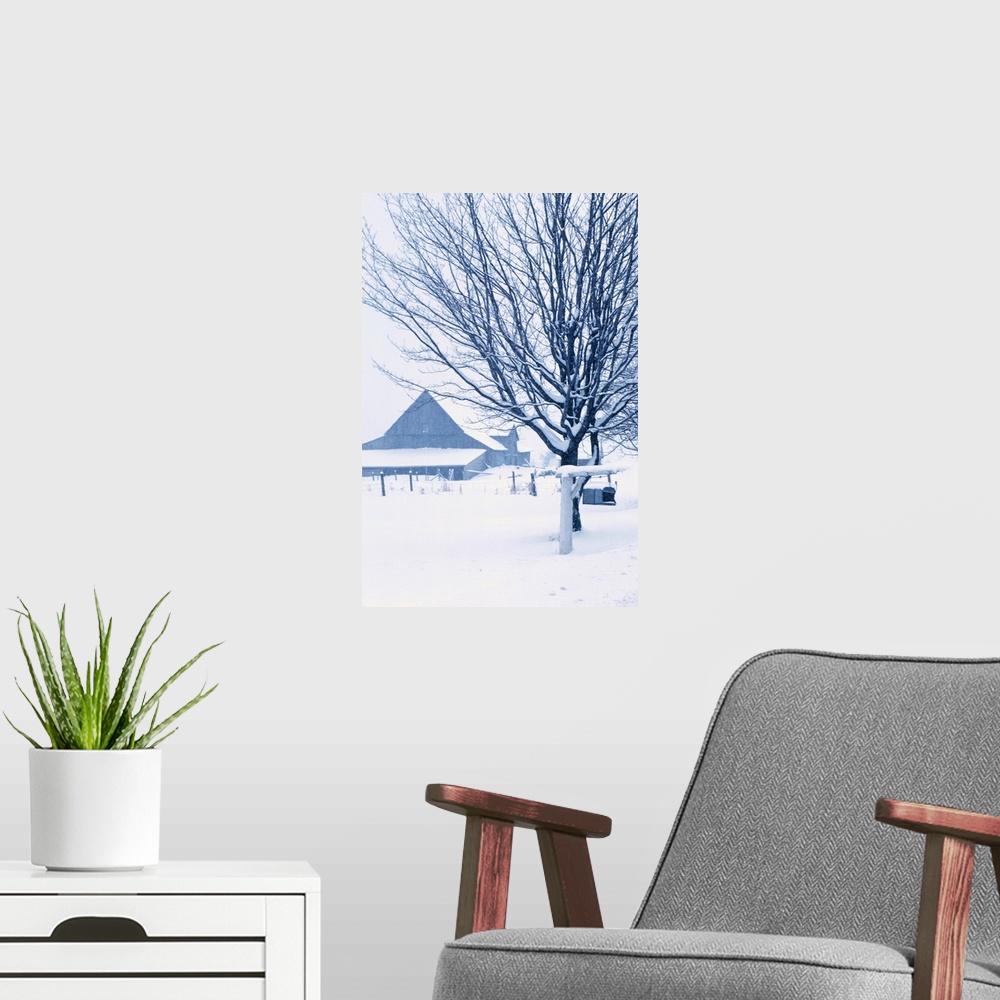 A modern room featuring Barn covered in snow