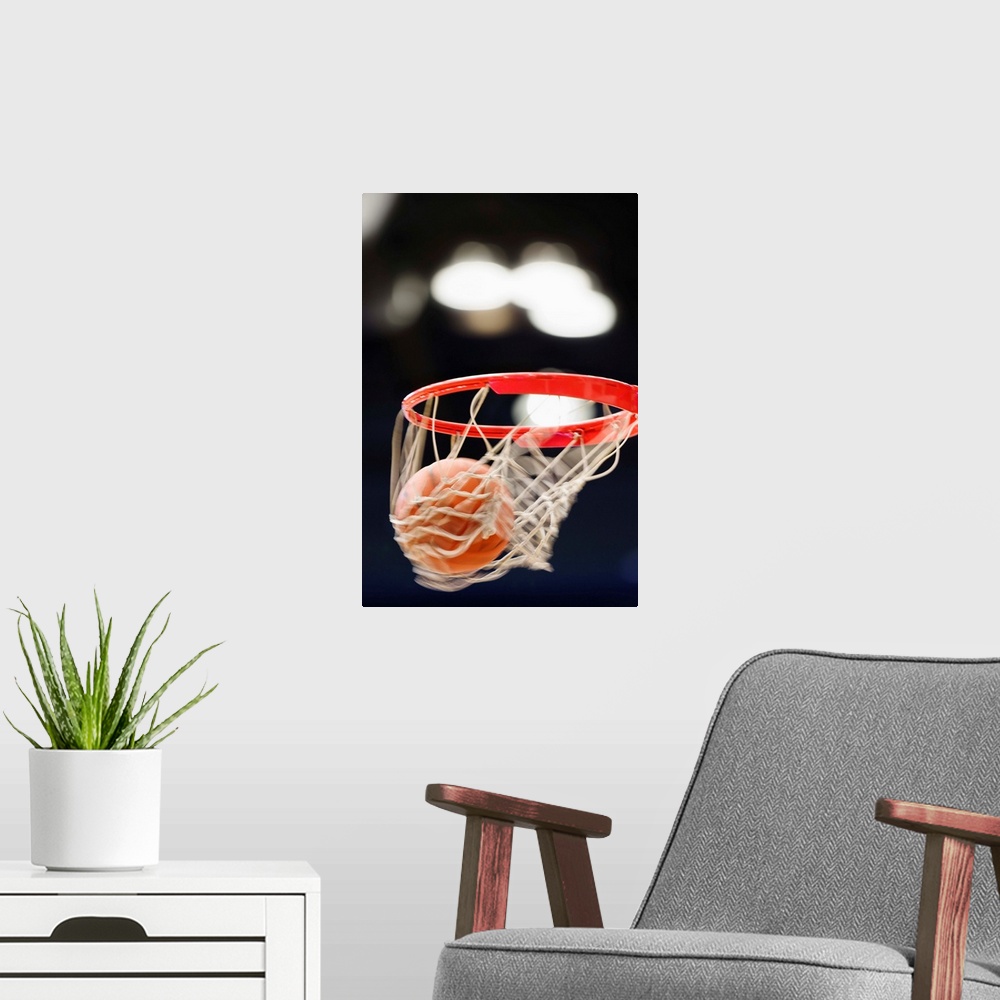 A modern room featuring Basketball in basket.