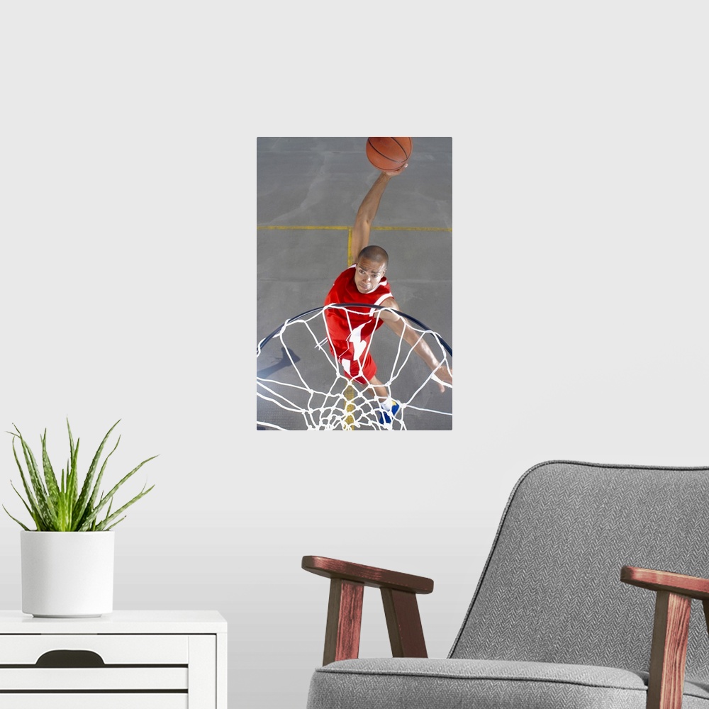 A modern room featuring Basketball player about to dunk