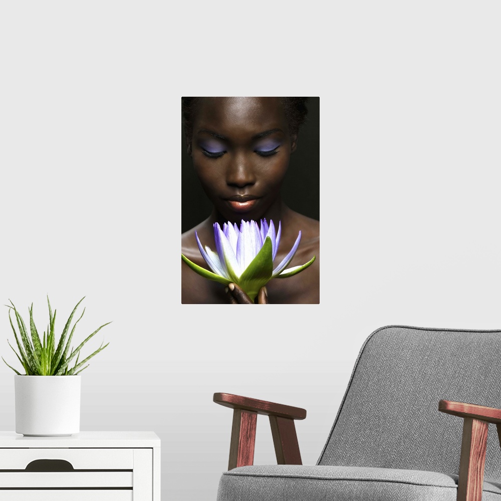 A modern room featuring Afro-American woman with purple lotus flower