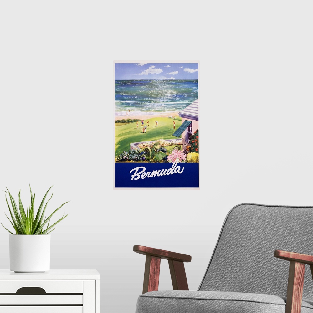 A modern room featuring Bermuda Vintage Travel Poster