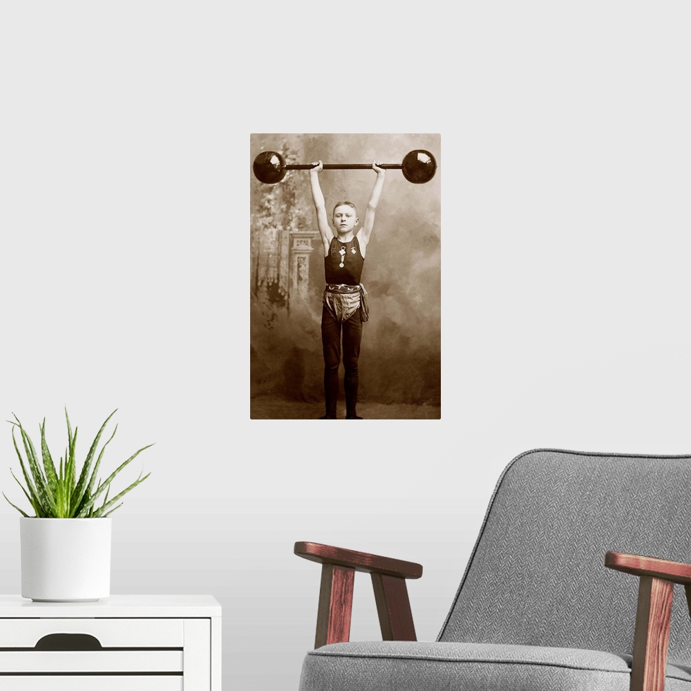A modern room featuring Boy lifting weights