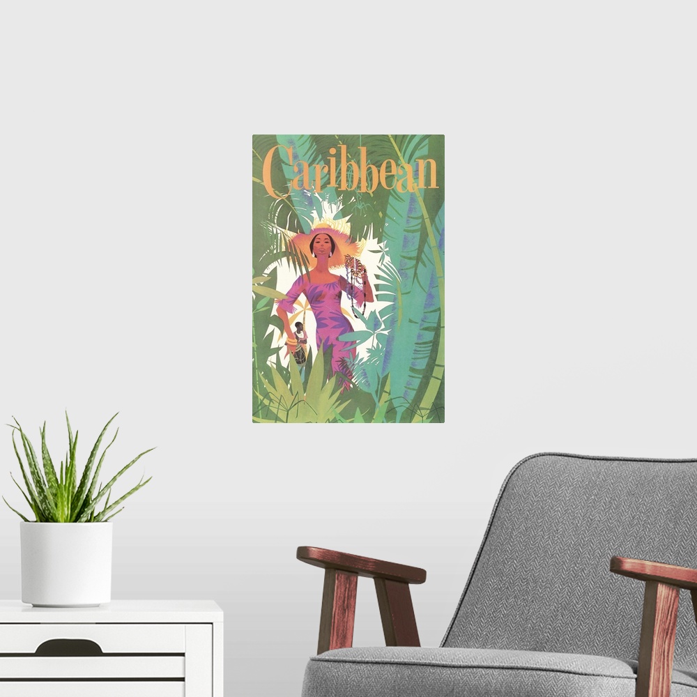 A modern room featuring Caribbean Travel Poster