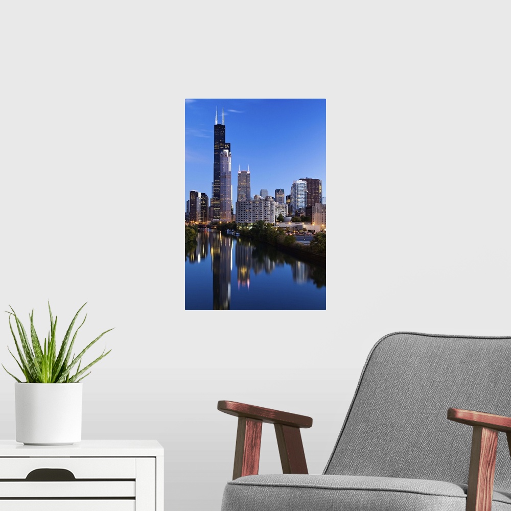 A modern room featuring Sears Tower and Chicago River looking north, Chicago, IL