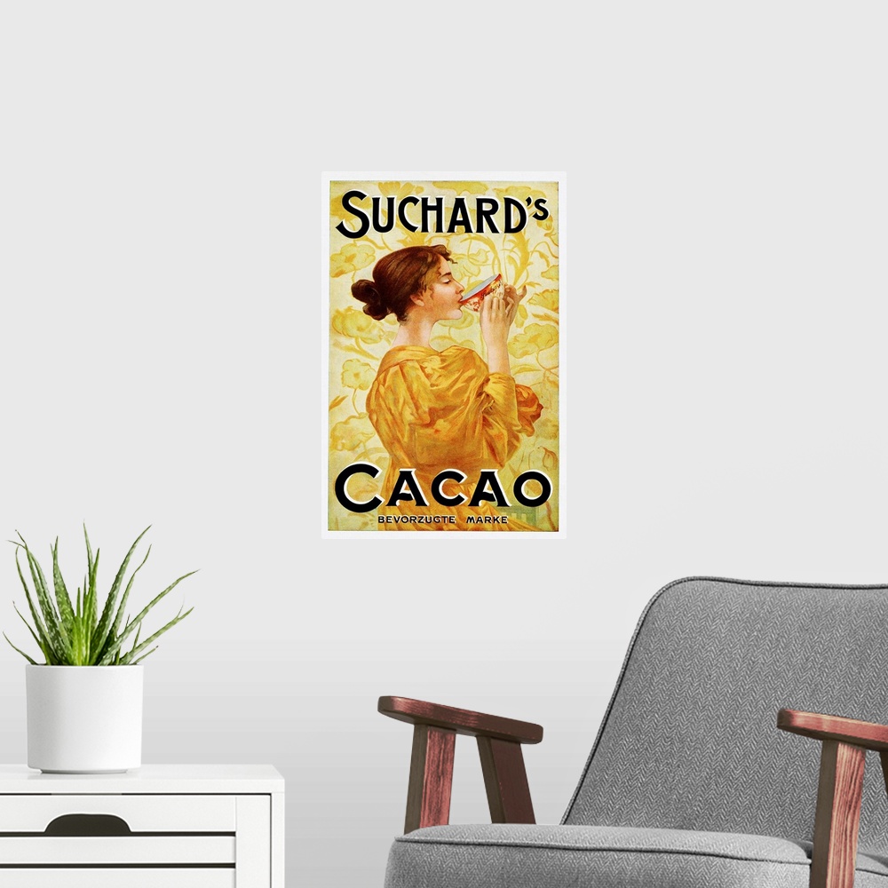A modern room featuring Circa 1905 Belgian Poster For Suchard's Cacao