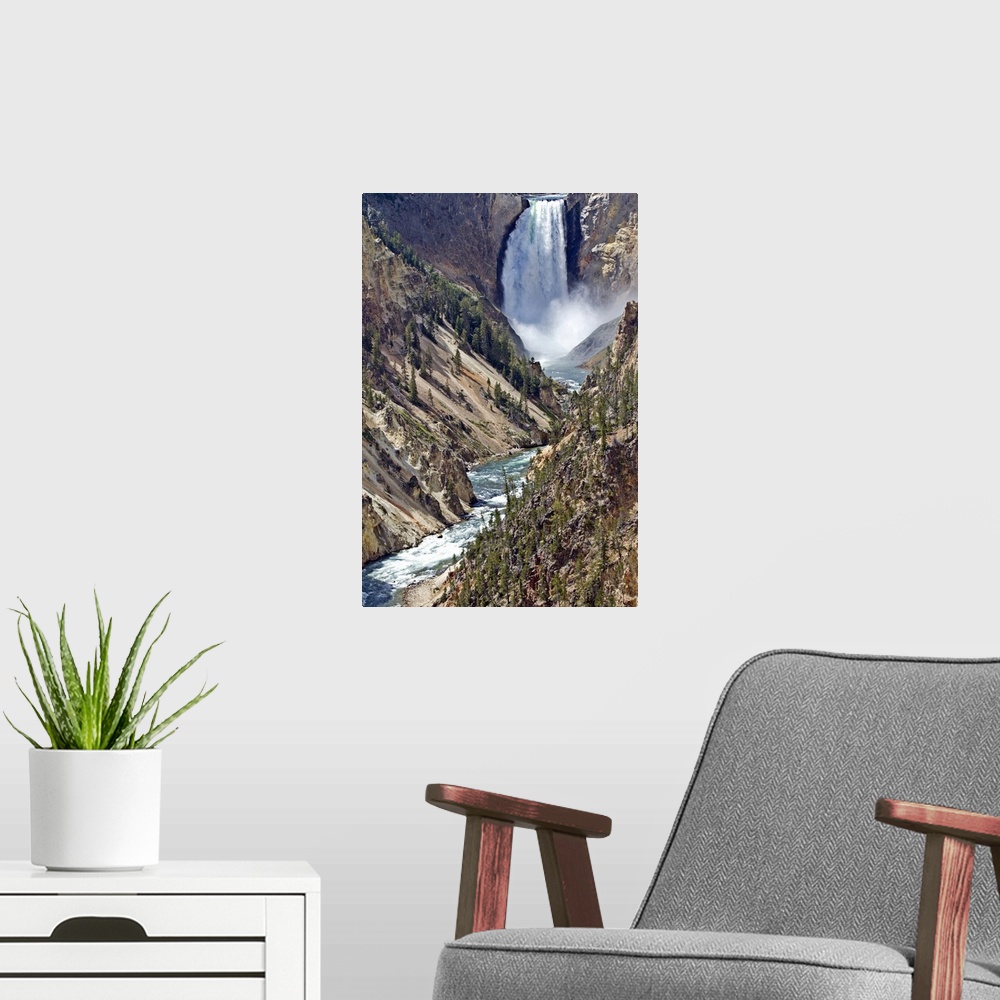 A modern room featuring Classic view of the lower falls of the Yellowstone river.