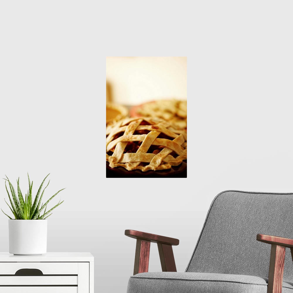 A modern room featuring Close-up of fresh pie with lattice pattern crust