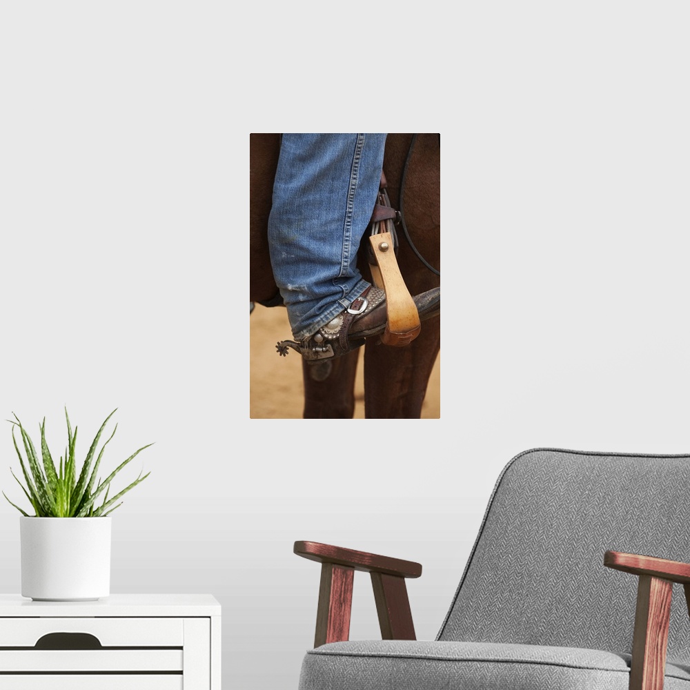 A modern room featuring Cowboy boot in horse stirrup with spurs