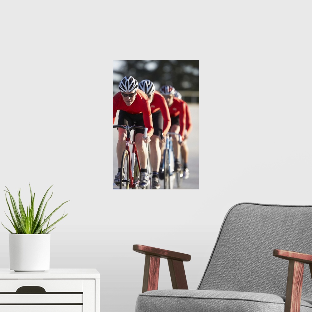 A modern room featuring Cyclists in action