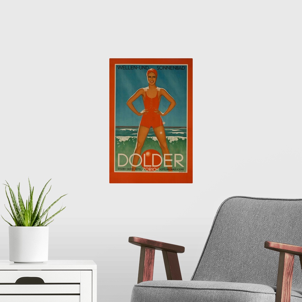 A modern room featuring 1930s Swiss travel poster, for the Dolder Grand Hotel Zurich. Bathing beauty stands over a beach ...