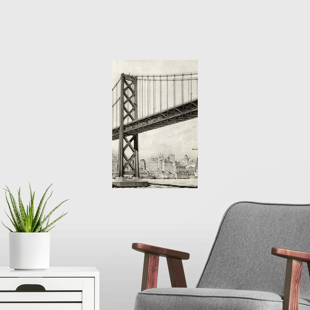 A modern room featuring Architects drawing of the San Francisco Oakland Bridge