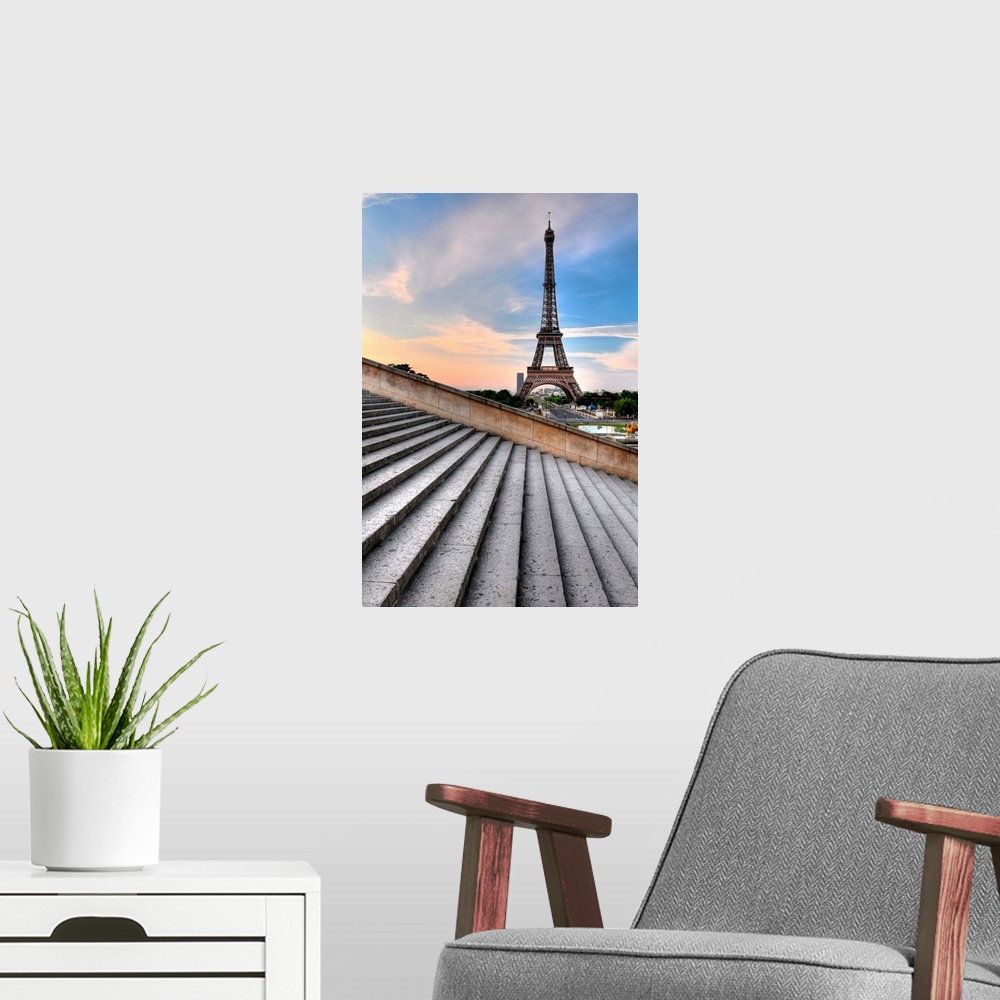 A modern room featuring Eiffel tower at sunrise, Paris, France.