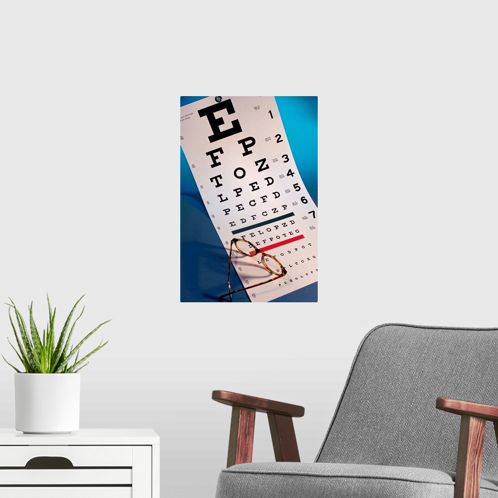 A modern room featuring Eye chart with eyeglasses