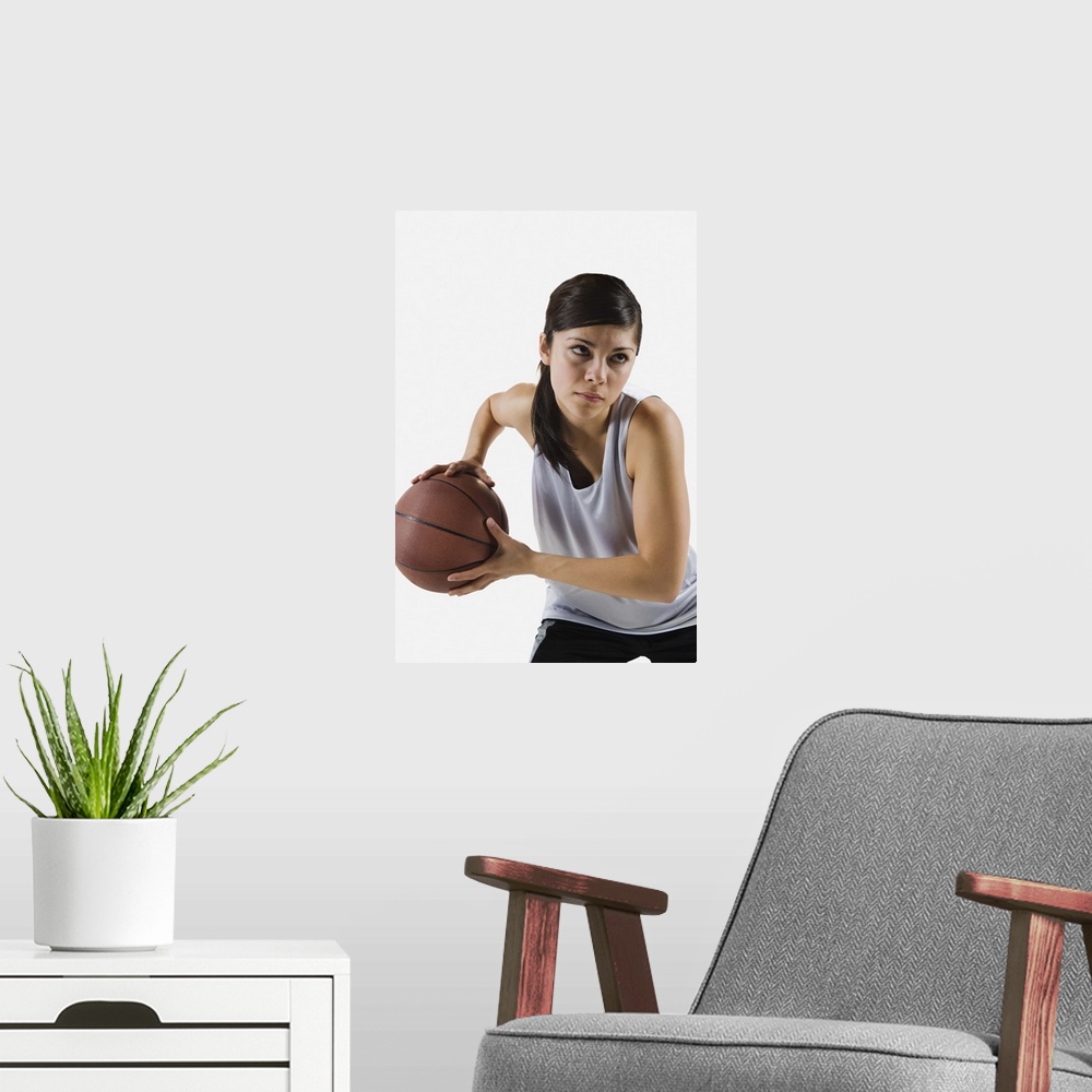 A modern room featuring Female basketball player
