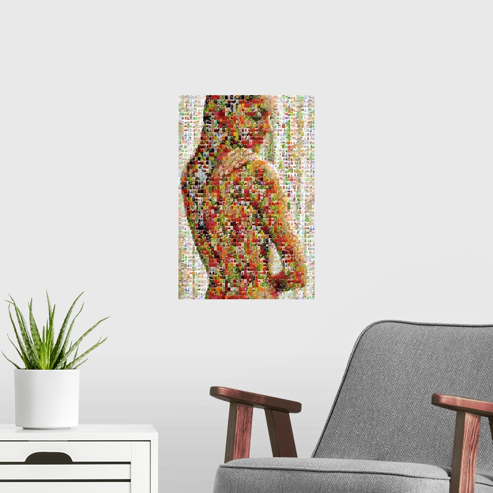 A modern room featuring Vertical, oversized art of a female figure that is made up of very small pictures of healthy food.