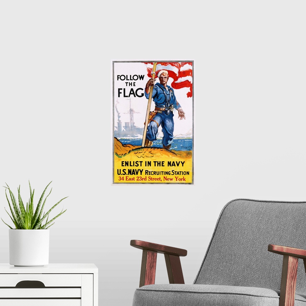A modern room featuring Follow The Flag Recruitment Poster By James Daugherty