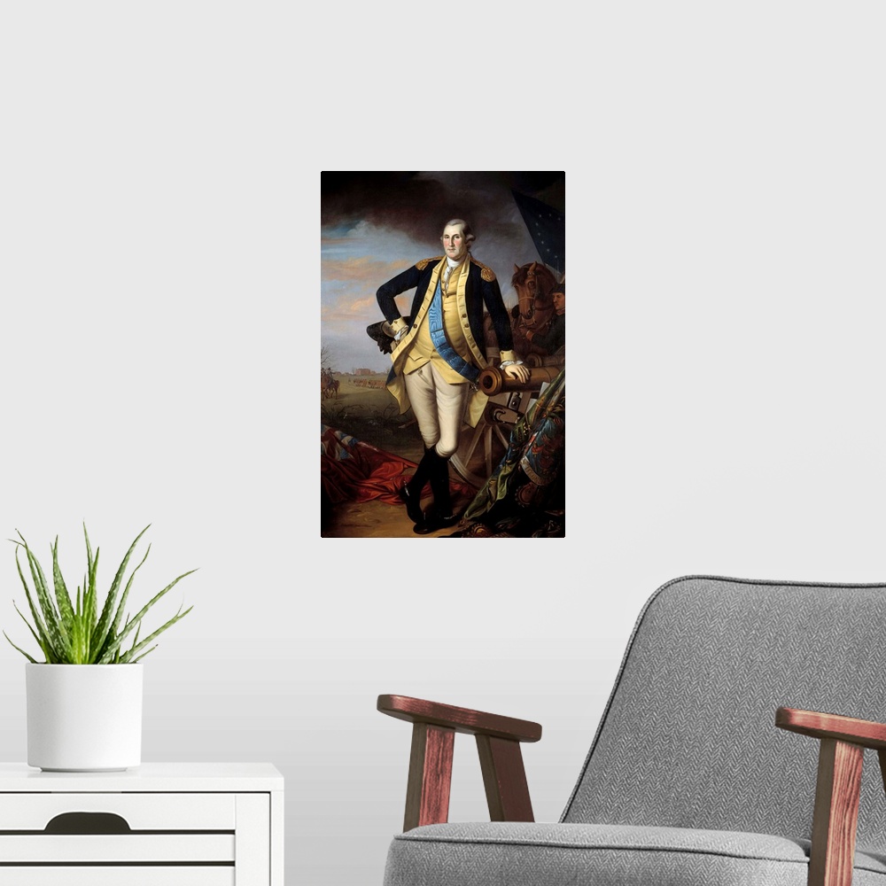 A modern room featuring Full-length portrait of George Washington (1732-1799 ) after the Princeton Battle, 1777. Painting...