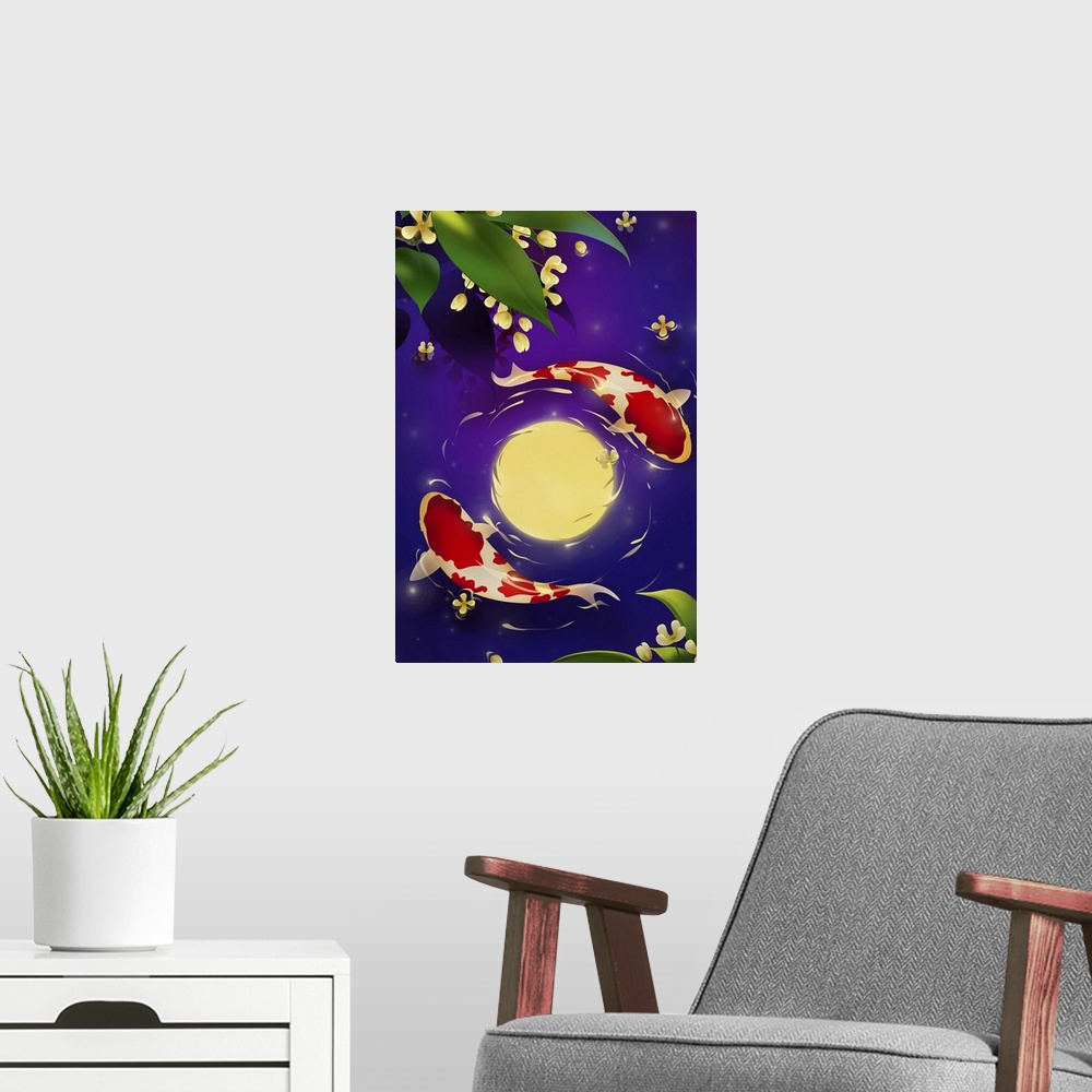 A modern room featuring Full moon reflection with koi fish