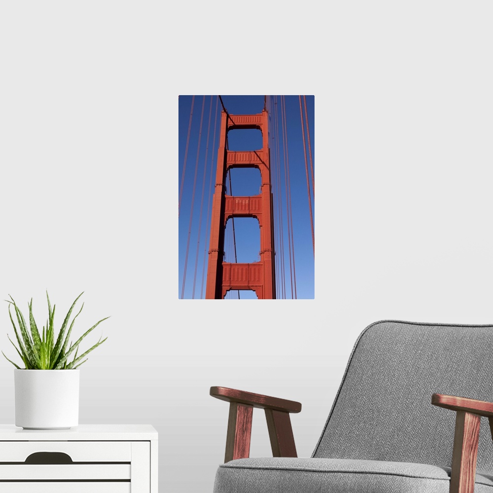 A modern room featuring Golden Gate Bridge Tower against blue sky
