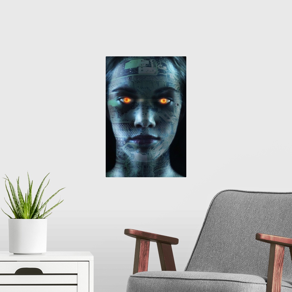 A modern room featuring Headshot of robotic woman