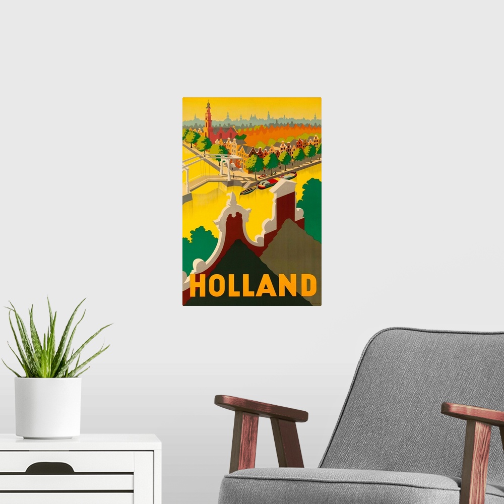 A modern room featuring 1945 Dutch travel poster illustrated by Paul Erkelens. Holland canal, bridges and cityscape adver...