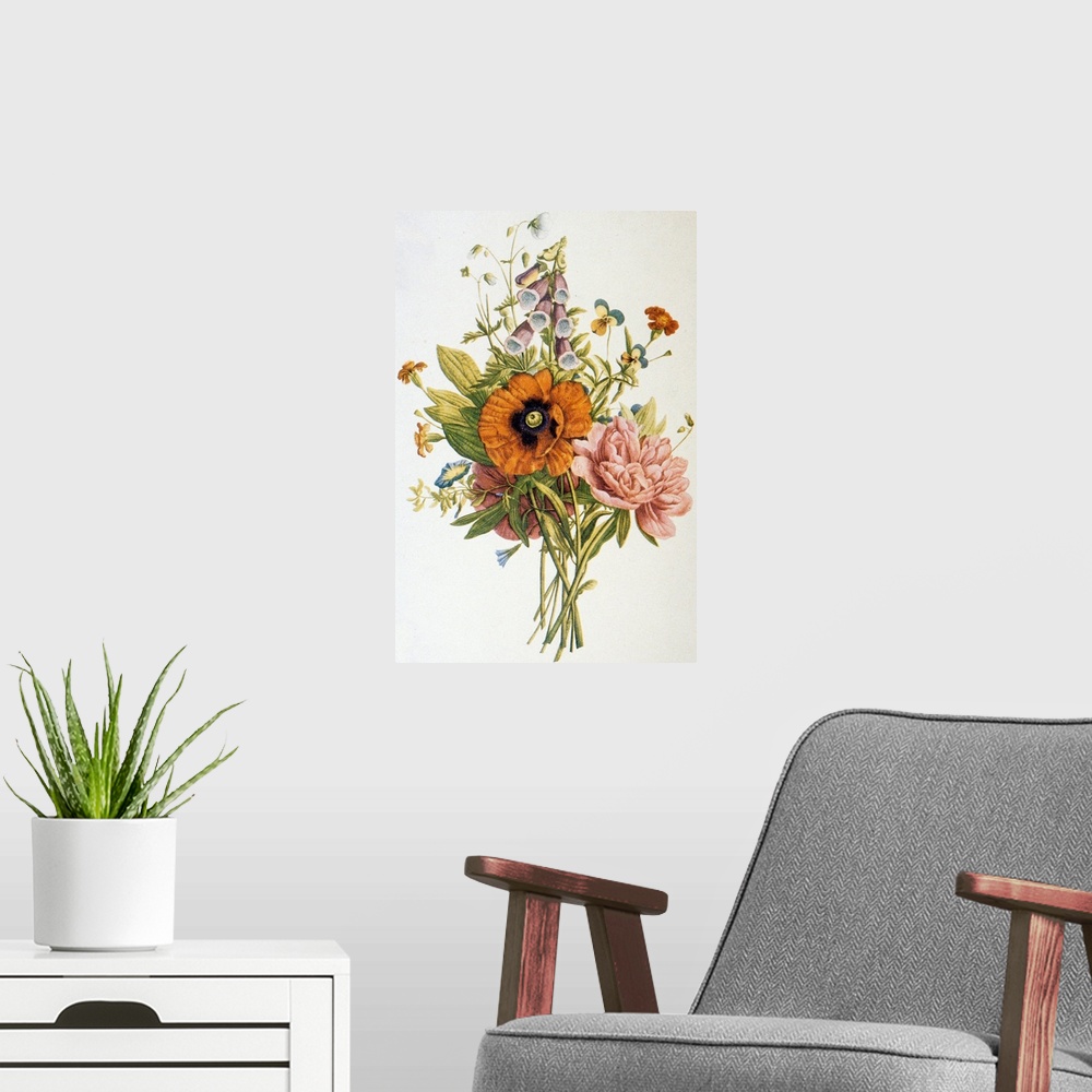 A modern room featuring Illustration Depicting A Bouquet Of Poppies, Carnations And Foxglove