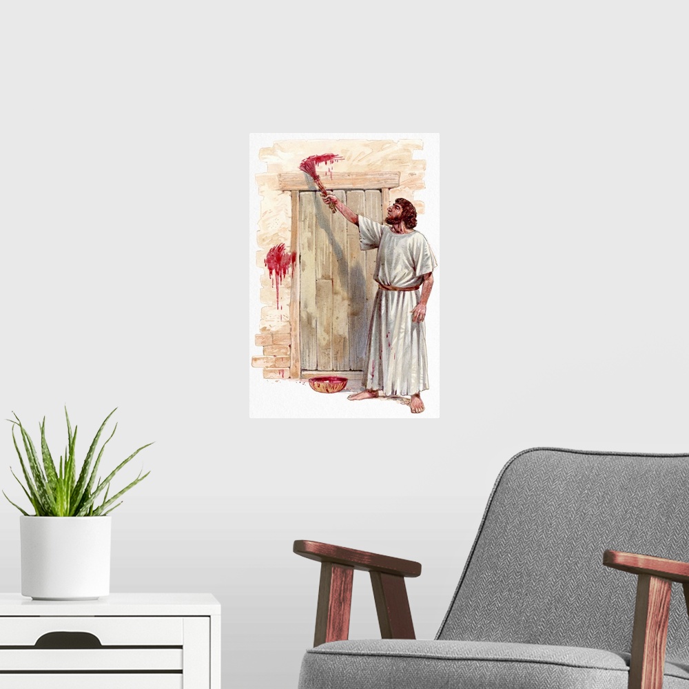 A modern room featuring Illustration of Israelite man painting blood of passover lamb on wooden door post