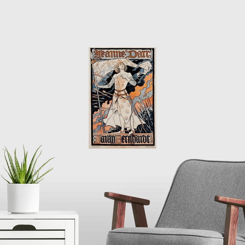 A modern room featuring Jeanne D'Arc - Sarah Bernhardt Theater Poster By Eugene Grasset