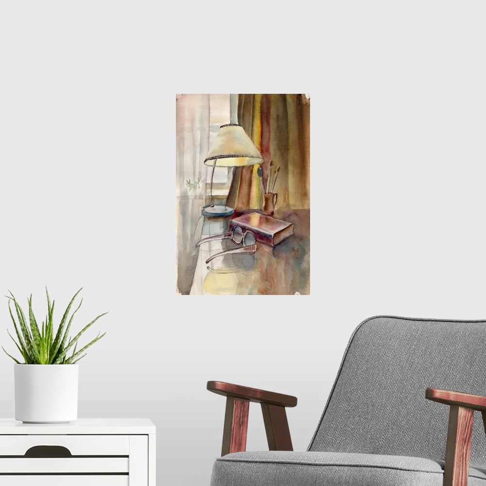 A modern room featuring Watercolor still life of a book, eyeglasses, and vase with brushes and a table vintage lamp on a ...