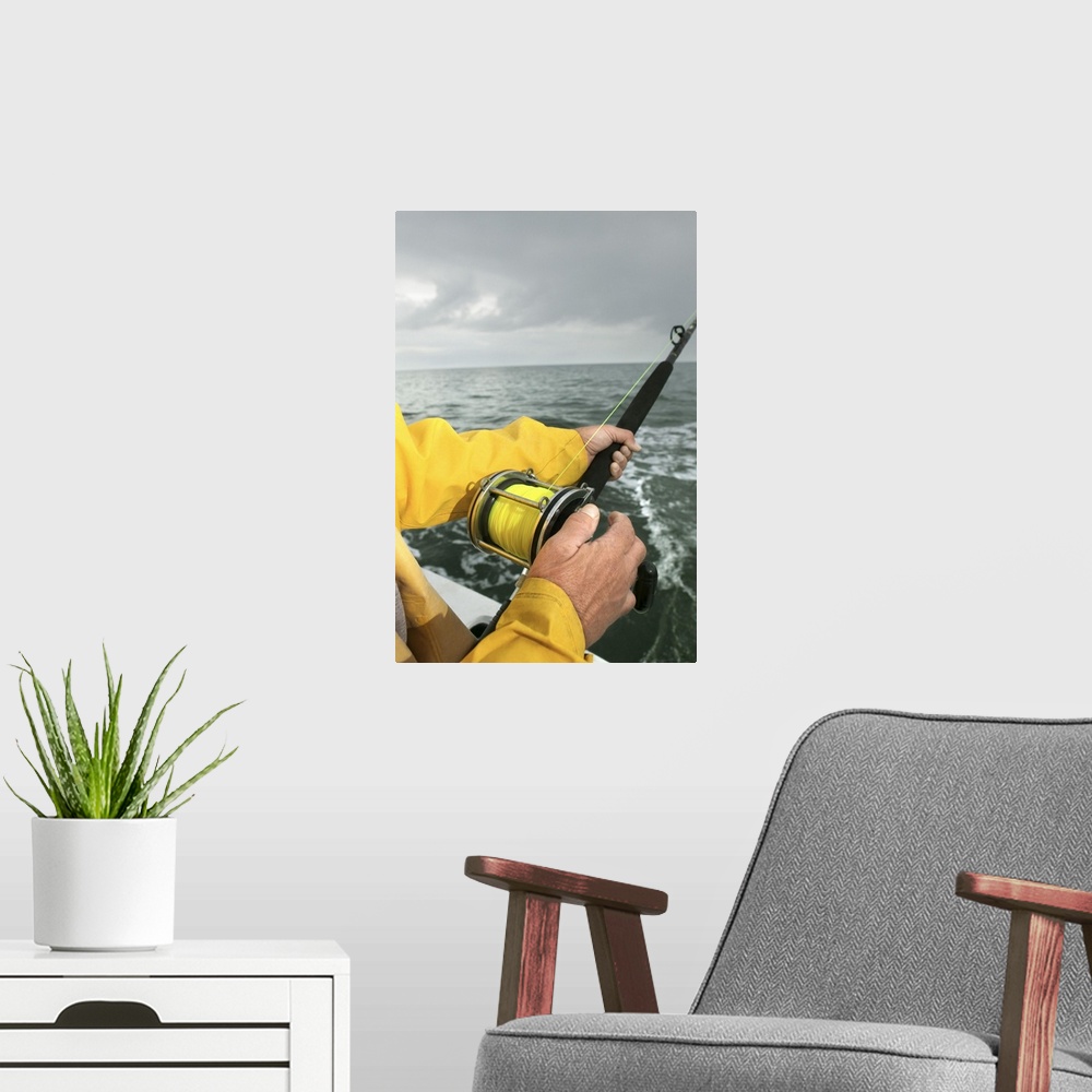 A modern room featuring Man fishing from boat