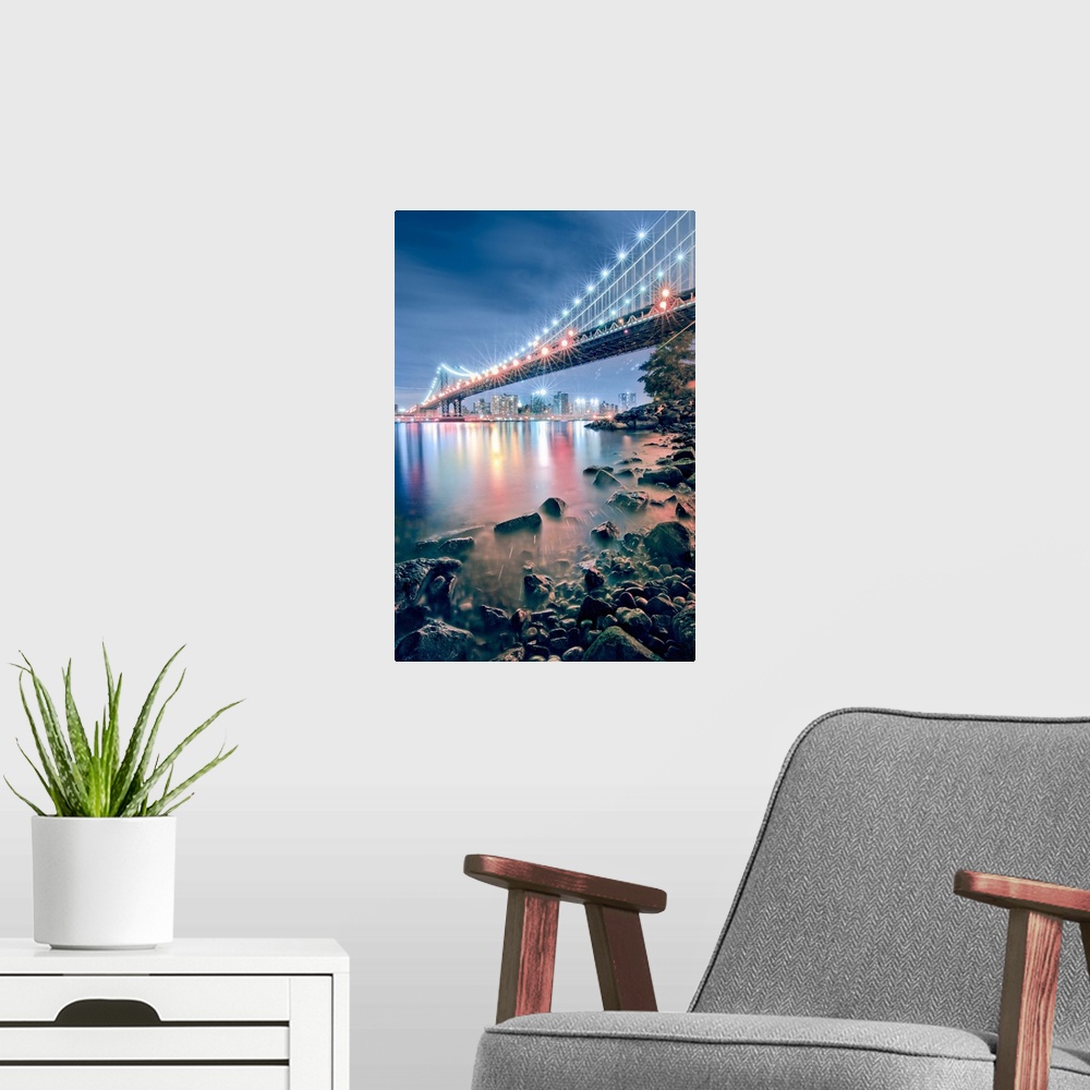 A modern room featuring View of Manhattan Bridge from Brooklyn, near the park under the Brooklyn Bridge. At night you can...