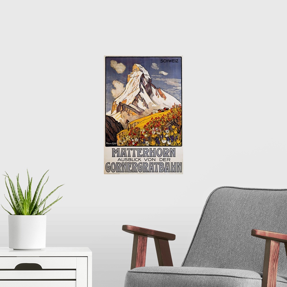 A modern room featuring Matterhorn Travel Poster by Francois Gos