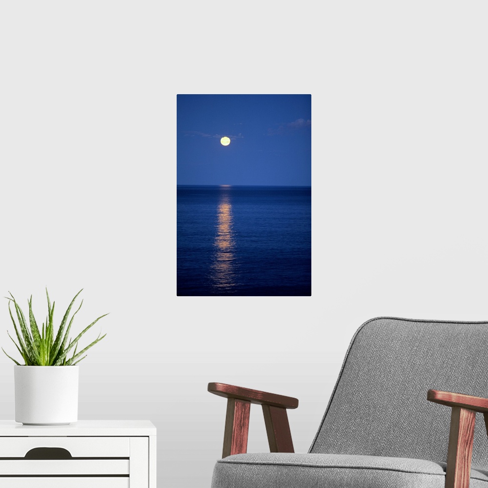 A modern room featuring Moon over Lake at Night