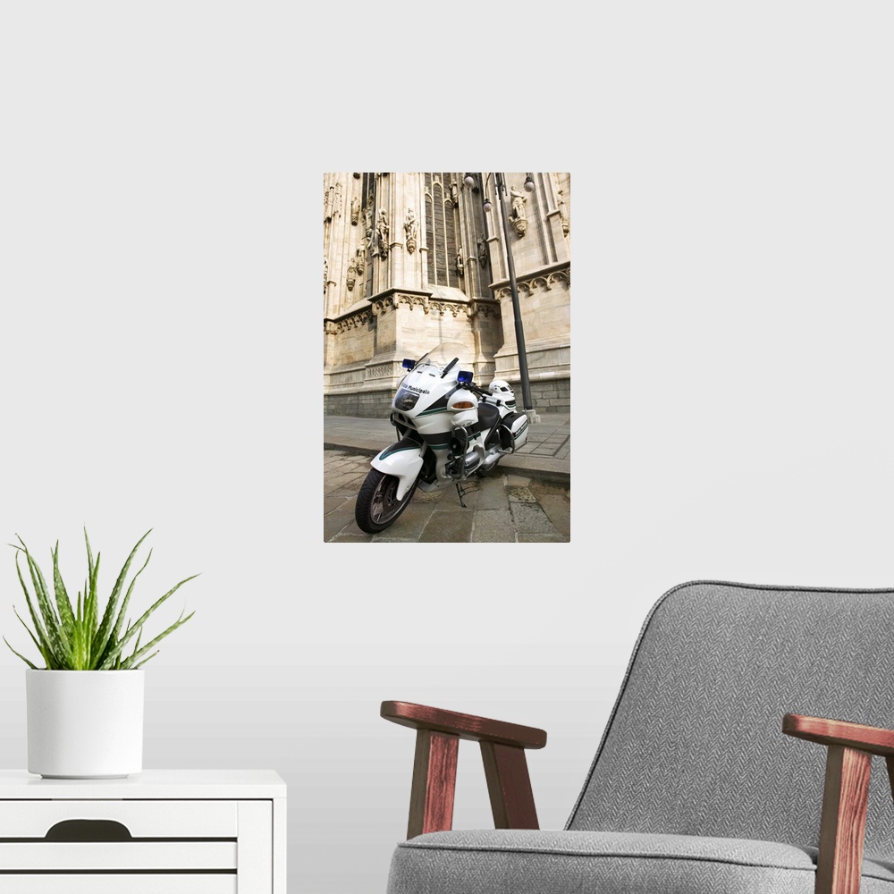 A modern room featuring Motorcycle parked outside Duomo di Milano, Milan, Italy