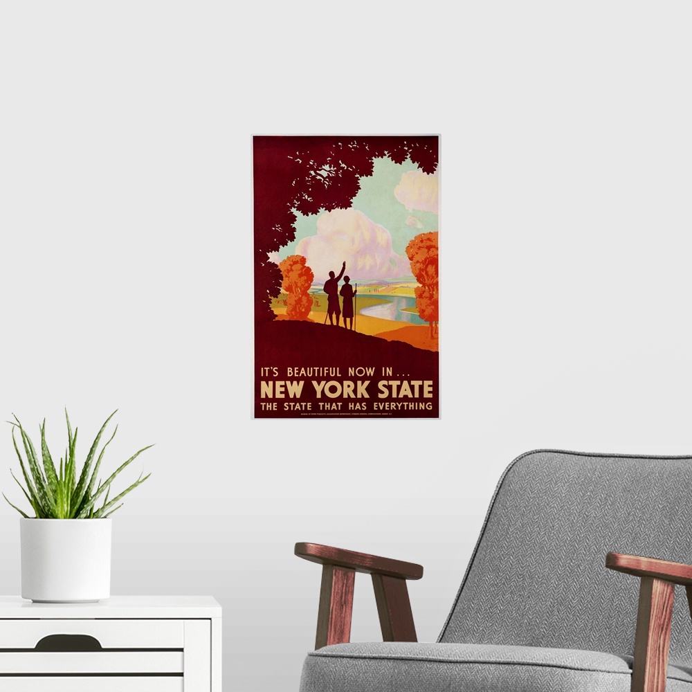 A modern room featuring New York State Travel Poster