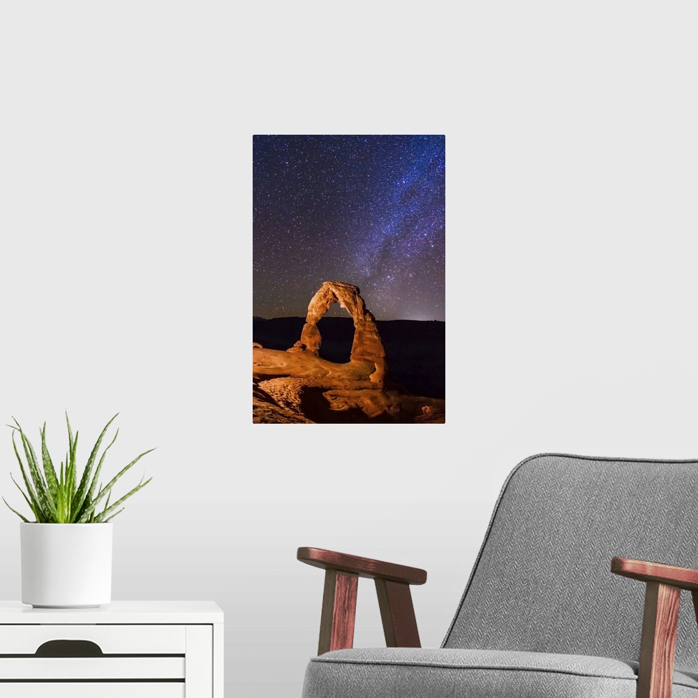 A modern room featuring Night view of delicate arch and stars and Milky Way in southern sky, Arches National Park, Moab, ...