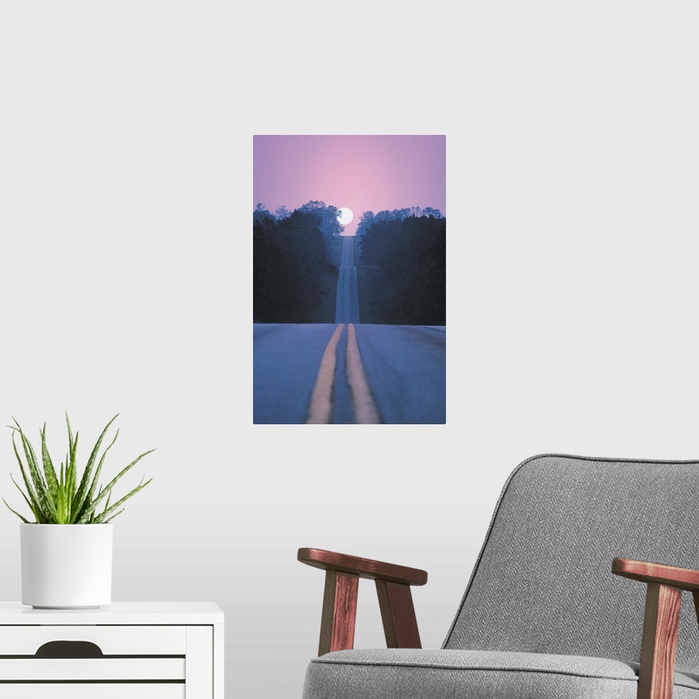 A modern room featuring Open road with moon rising