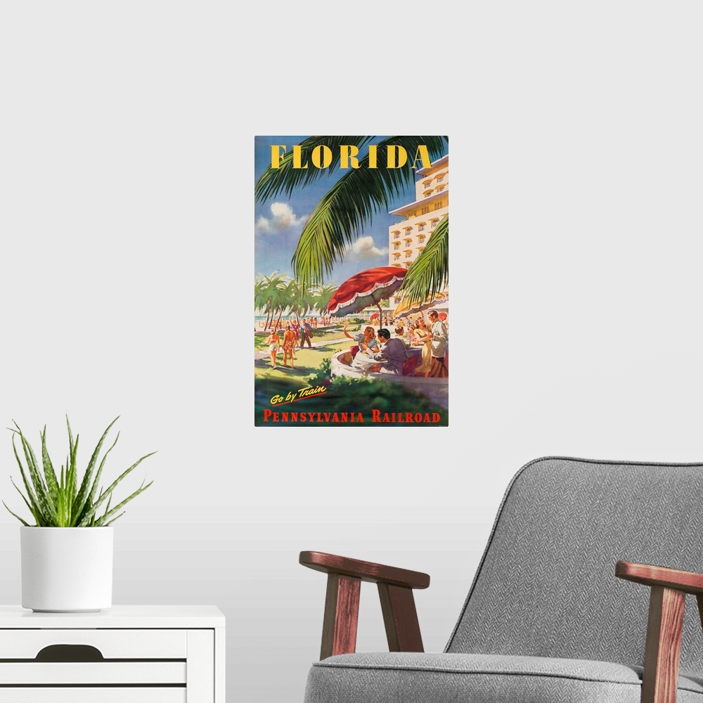 A modern room featuring ca 1950's travel poster. Happy couples dine and relax ocean side, next to stylish hotel