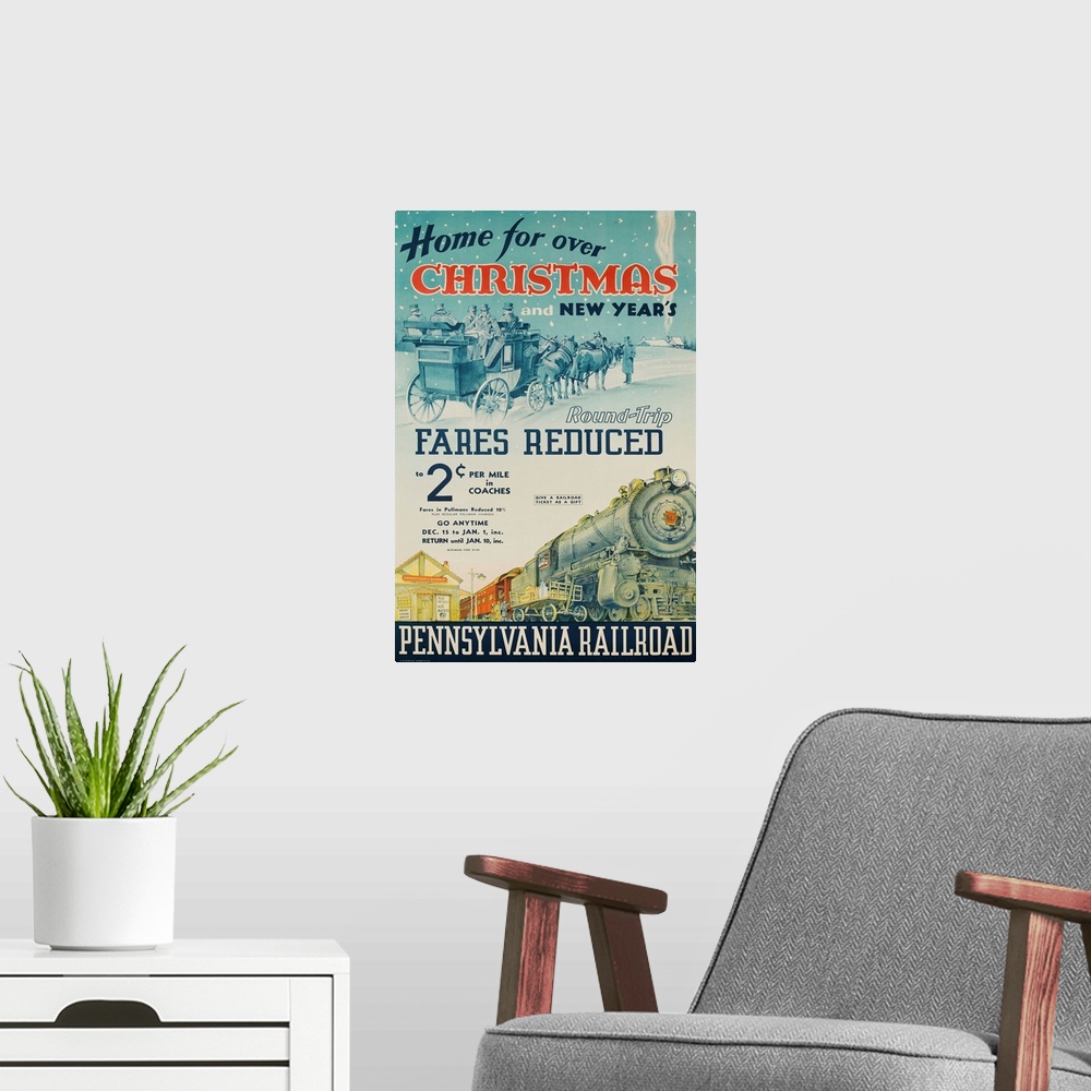A modern room featuring ca 1930s travel poster offering discounted fares for holiday travel.