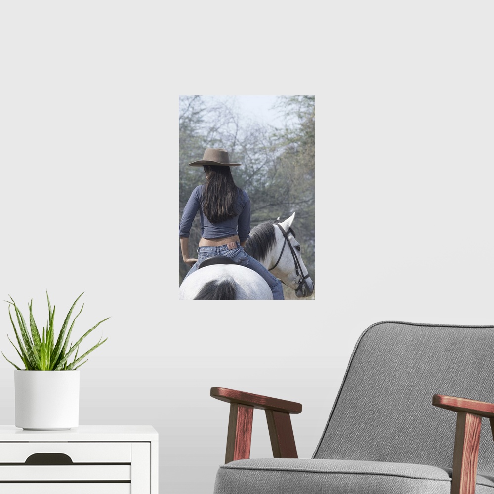 A modern room featuring Rear View Of A Woman Riding A Horse