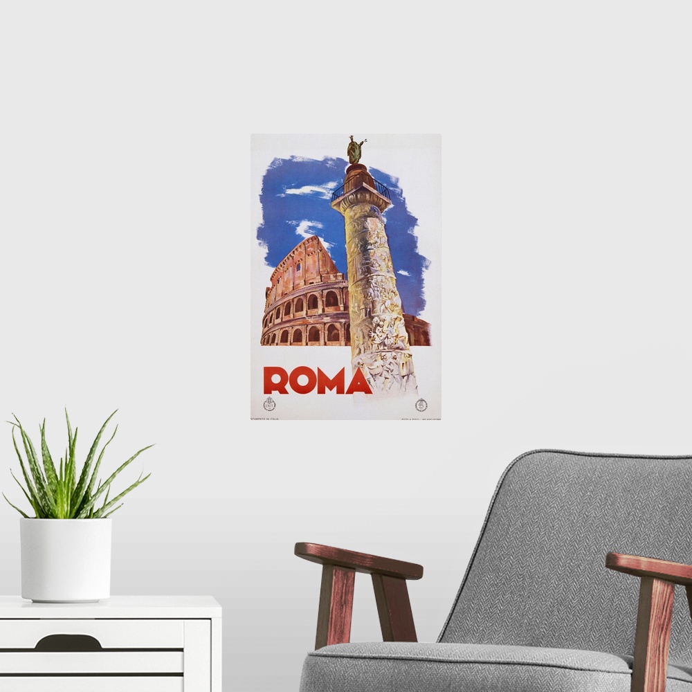 A modern room featuring Roma Travel Poster
