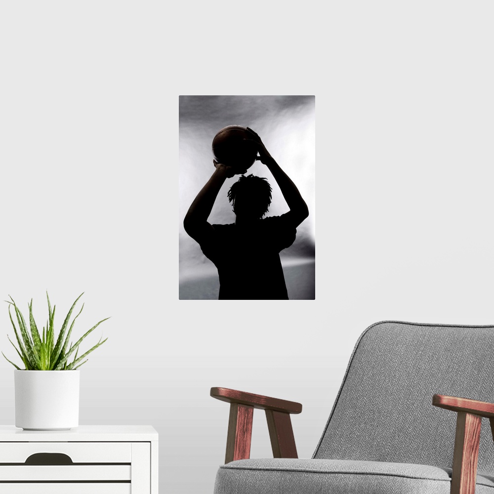 A modern room featuring Silhouette of basketball player