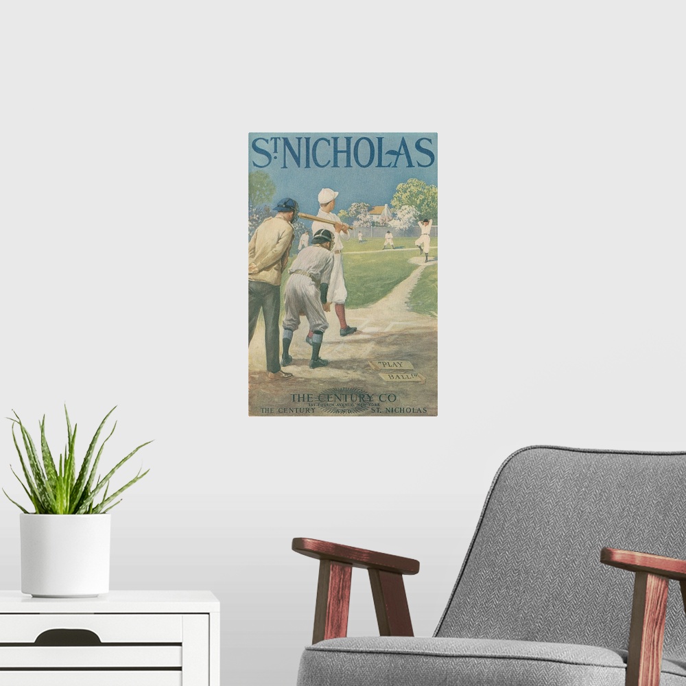 A modern room featuring St. Nicholas Baseball Poster