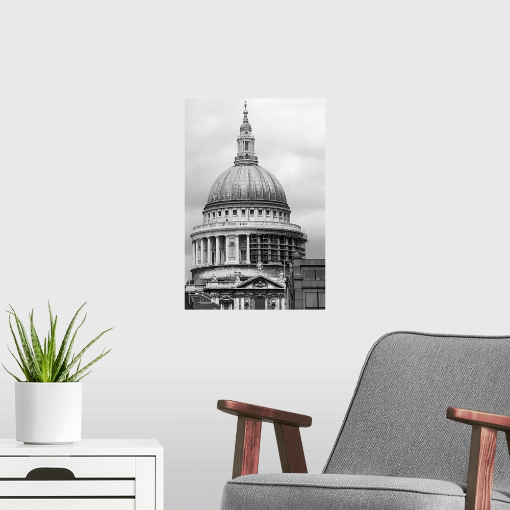 A modern room featuring St. Paul's Cathedral, London, England, (B&W)