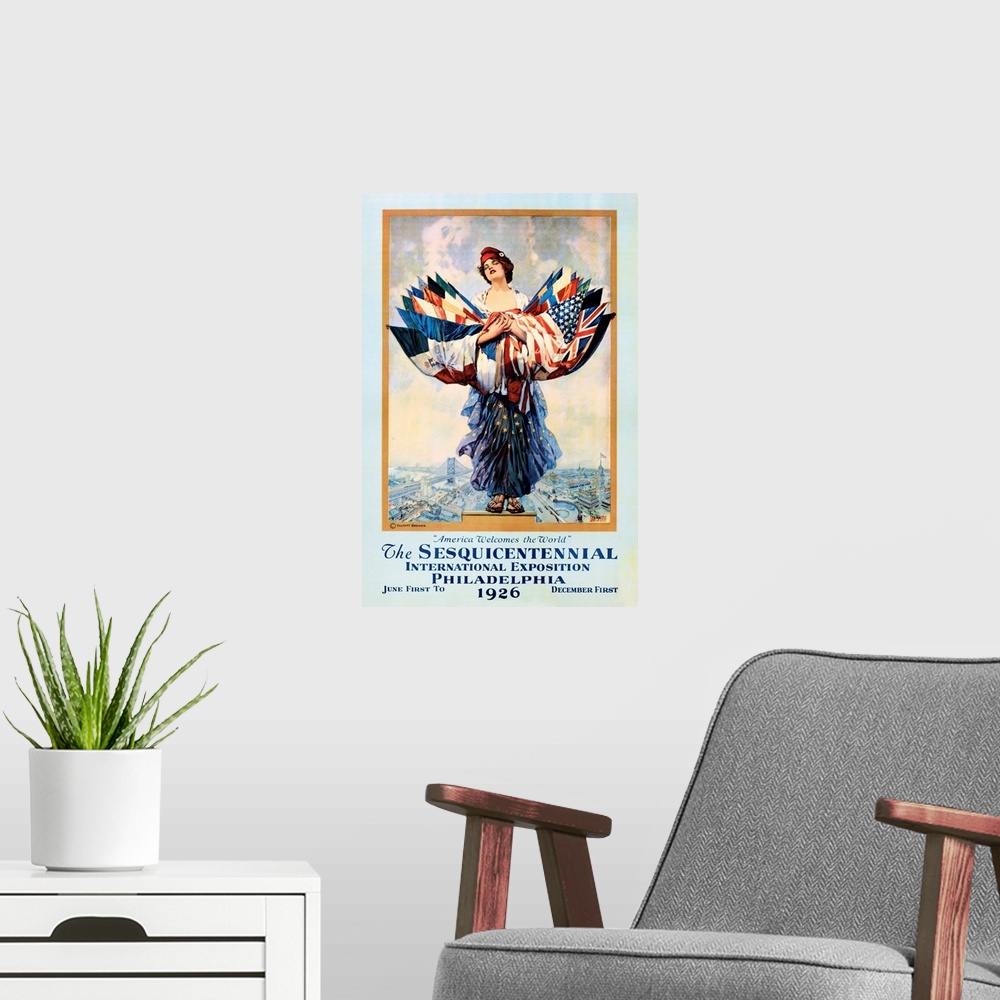A modern room featuring The Sesquicentennial International Exposition - Philadelphia 1926 Poster By Dan Smith